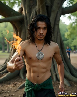 Before a large tree, a shirtless man with long dark hair holds fire in his hand