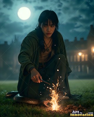 Kneeling in grass by fire sparks, a young man in green robes sits on a dark snake under the moon