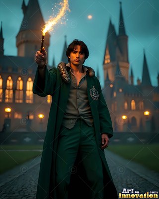 Man dressed in a loose green robe holding a sparking wand outside a castle