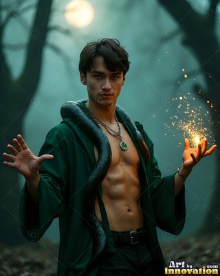 Wearing an unbuttoned green robe, a bare-chested young man holds sparks in a dark misty forest