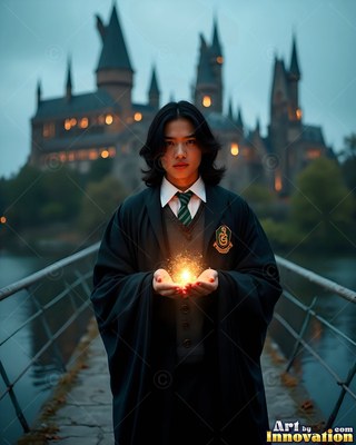 A young man grips bright light in his hands on a bridge before a castle at dusk