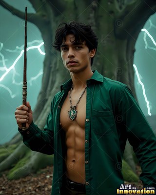 Standing in a dark forest, a man in an unfastened green shirt holds a wand near lightning flashes