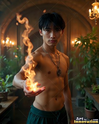 A shirtless young man carries a snake of orange fire in his hand in a dim room