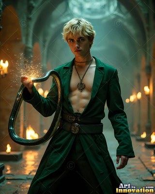 In a stone hall, a blond man dressed in a green coat holds a dark serpent sparking with fire