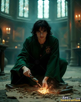 Crouching on stone floor, a dark-haired man in green robes sparks a tiny fire beside snakes