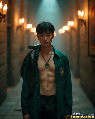 Man in unbuttoned green shirt with snake on his shoulder