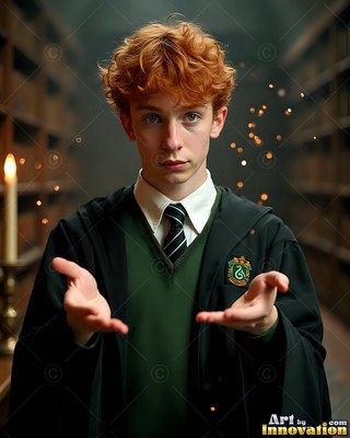Curly red hair frames a young man in dark school robes holding his hands out in a library aisle