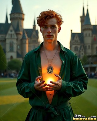 A red-haired man holds his hands over a bright pendant on his bare chest outside a castle