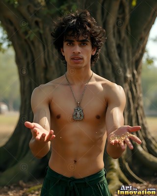 Facing forward before a large tree, a man with a bare chest extends his open hands