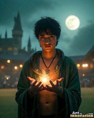A young man cradles bright fire in his hands with a snake around his neck outside a castle at night