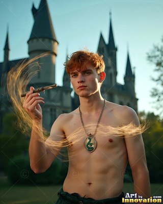 Outside a castle, a shirtless red-haired man holds a wand swirling yellow light