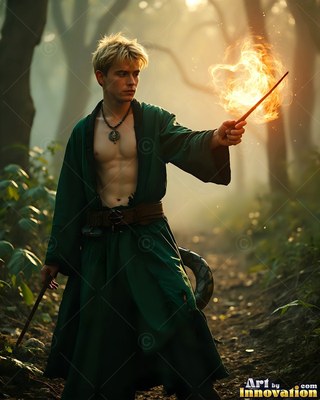 Casting fire from a wand, a blond man in an open long green robe stands in a hazy forest
