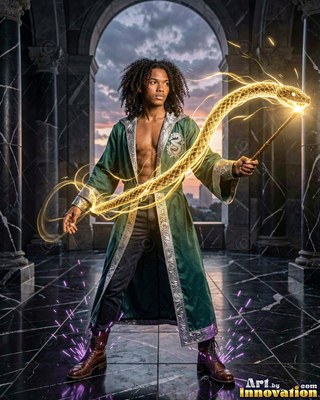 A young man in a loose green robe conjures a bright snake with a wand