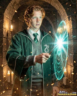 Wearing a deep green robe, a young man points a wand at a bright light circle in a stone hallway