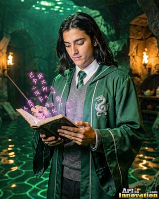A man holds a wand over an open book, with bright pink runes rising in the air