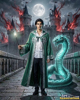 Standing on a stone bridge, a man wearing a long green robe holds a wand beside a snake