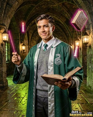 A young smiling man clothed in a long green robe holds an open book and a wand in a stone hall