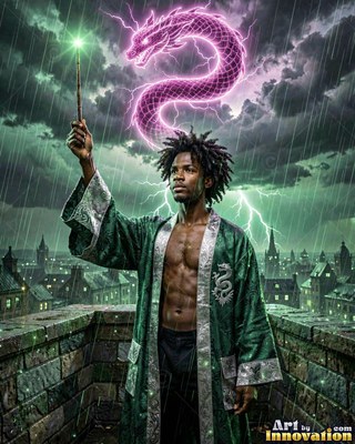 On a rainy stone balcony, a man wearing a green robe raises a wand beneath a pink dragon