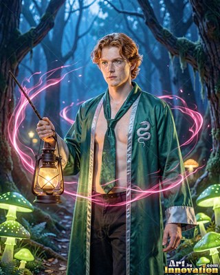 Holding a lantern, a red-haired young man dressed in an open loose green robe stands in a dark forest