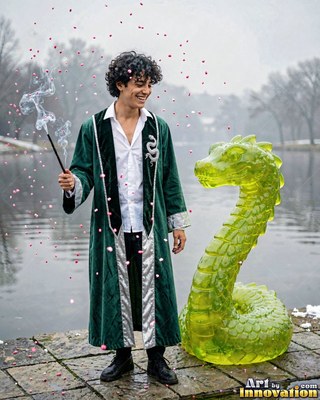 Man clothed in a green robe holding a wand by a yellow snake figure