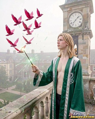 Wearing an open loose green robe on a castle balcony, a blond man summons pink birds with a wand