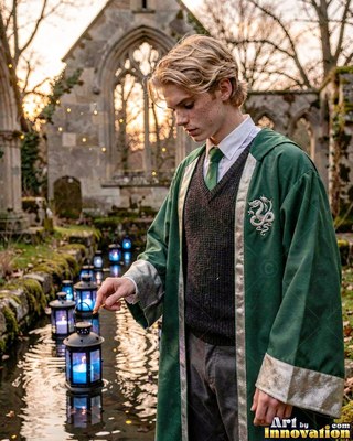 Standing profile, a young blond man in green robes reaches toward water lanterns