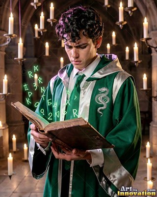 In a candlelit stone hall, a young man in green robes reads an old book