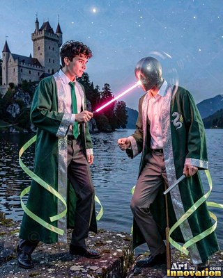 Dueling by a lake, a man in a loose green robe points a pink wand beam at another man