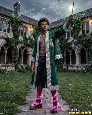 A young man in an open loose green robe raises a wand in a courtyard