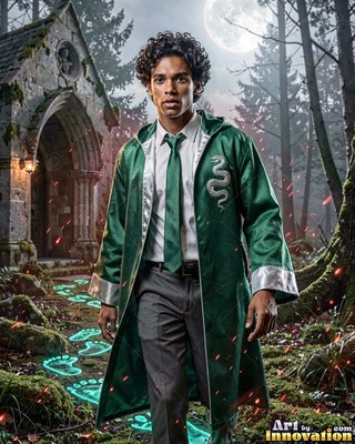 Green satin robes drape on a young man walking a mossy forest path by a stone arch
