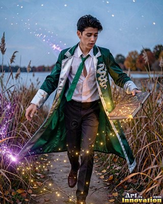 Walking along a grassy path by a lake, a young man grips a floating book in a green coat