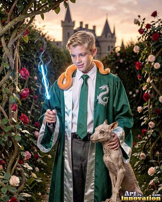 In a rose garden, a young man holds a lit wand and a small creature with a snake on his neck
