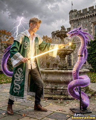 A young man in a long green robe aims a light wand at a purple snake