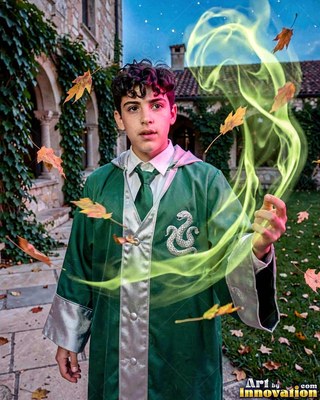 Green robes cover a young man casting yellow magic smoke in a stone courtyard