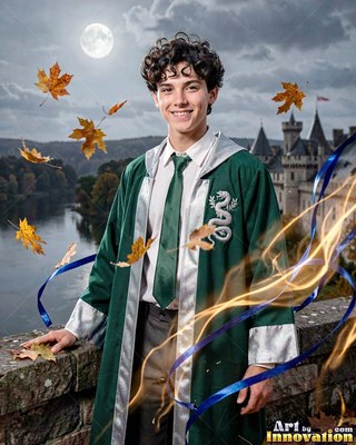A young man smiles on a stone balcony as gold streaks swirl past his green robe