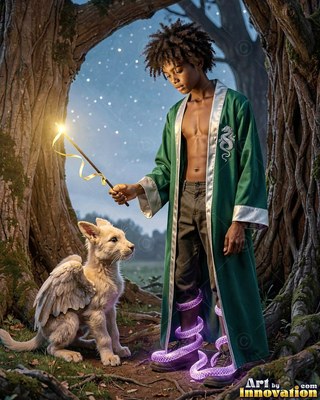 Standing by a tree, a man in a green robe aims a lit wand at a winged dog