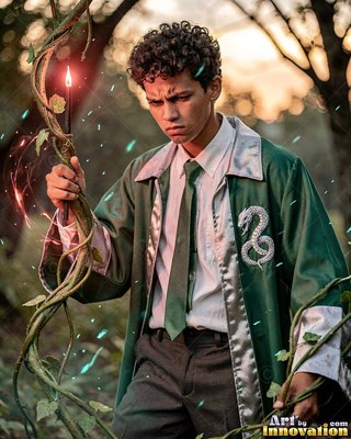 A young man in a green school robe holds a lit wand tangled in vines
