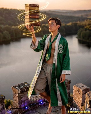 On a high stone ledge, a young man wearing a green gown levitates a stack of books