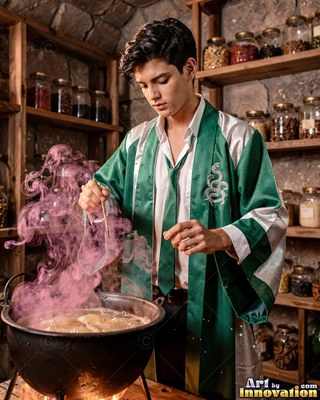 Brewing a potion, a young man in green robes watches pink smoke rise from a cauldron