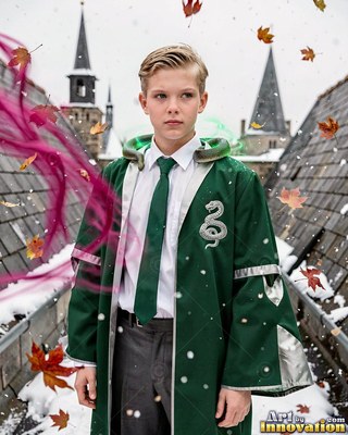 Deep green robe worn by a young man with a snake around his neck standing on a snowy rooftop