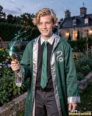 A young blond man holds a wand shooting bright blue sparks in a dusk garden