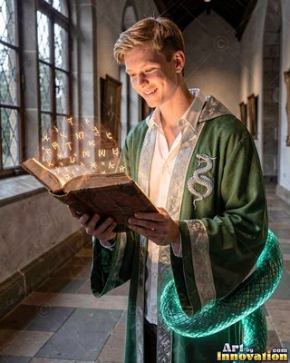 Standing in a stone hallway, a young man in green robes reads a magic book