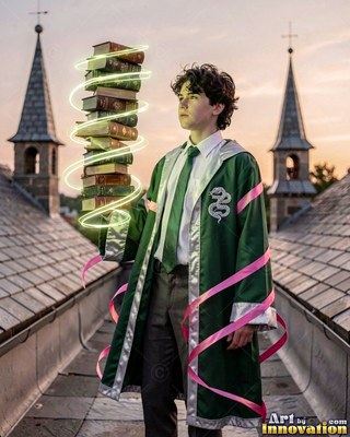 On a castle rooftop, a young man with a deep green robe floats a tall stack of books