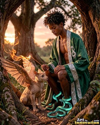 Holding a burning wand, a man in a green robe sits with teal snakes and a winged dog