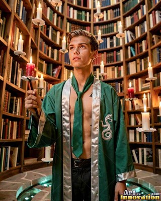 Green satin robe open over his bare chest, a young man carries a red candle inside a tall circular library