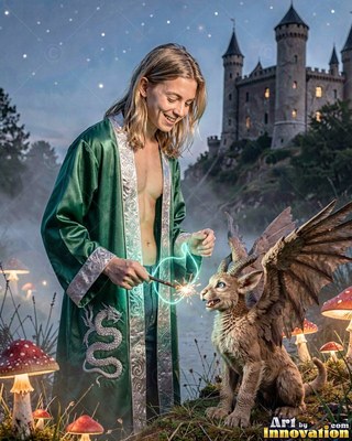 Standing near a castle, a smiling man casts sparks for a horned creature