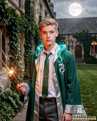 A young blond man in a green robe holds a sparking wand with a green snake around his neck
