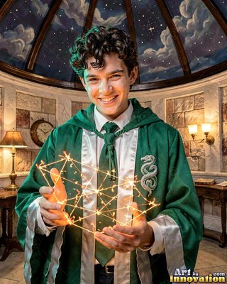 Smiling young man in green robes holding spark lines between his hands