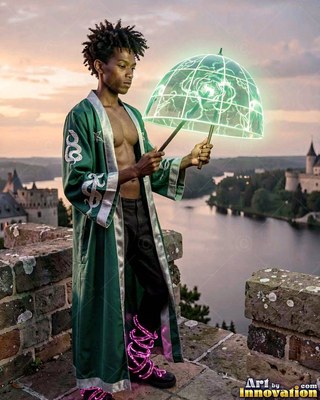 A man in an open green robe holds a bright dome of green light above a river