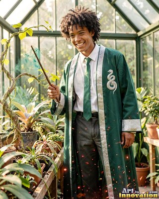 Standing in a greenhouse, a smiling young man in green robes holds up a wand